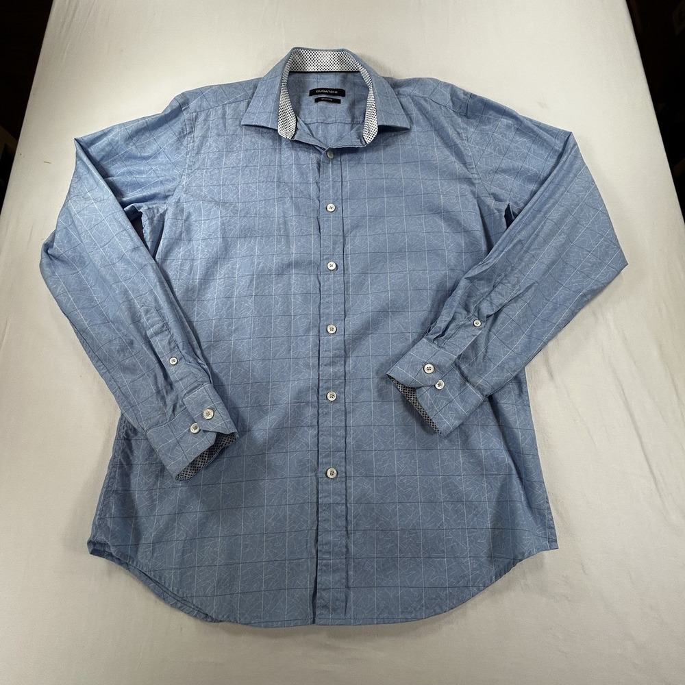 Bugatchi Men's Shaped Fit Light Blue Geometric Square Long Sleeve Dress Shirt M
